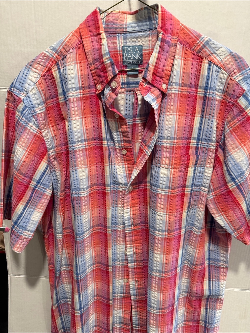 Jos. A. Bank Red and Blue Plaid Short-Sleeve Button-Down Shirt
